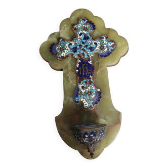 19th century wall-mounted enamel holy water font