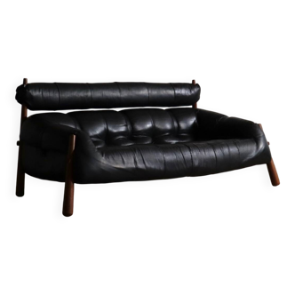 Percival Lafer MP-81 three seater sofa in black leather, Brazil 1970s