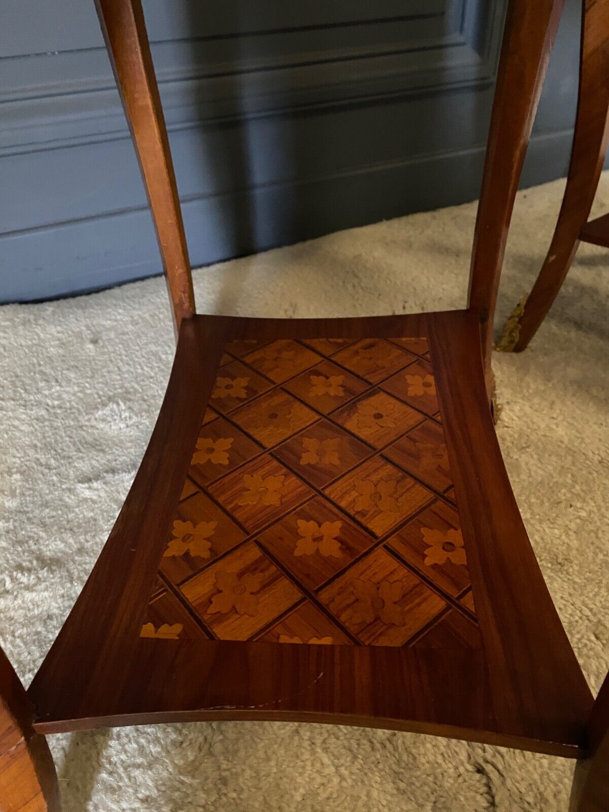 Pair of bedside tables Louis XV style marquetry with shamrocks and XXth bronze