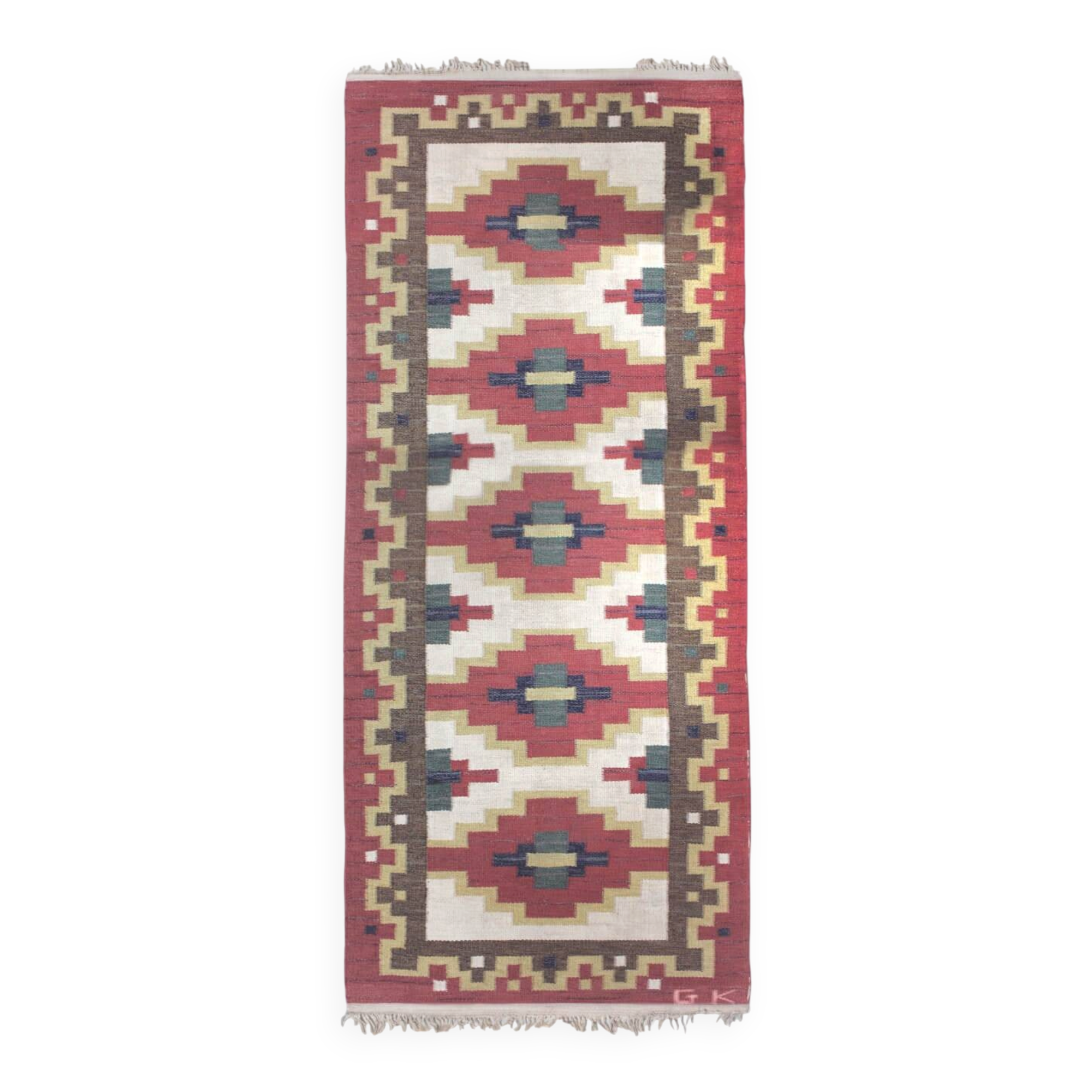 Greta Kruse Mid-Century Wool Kilim 102x264cm, Signed