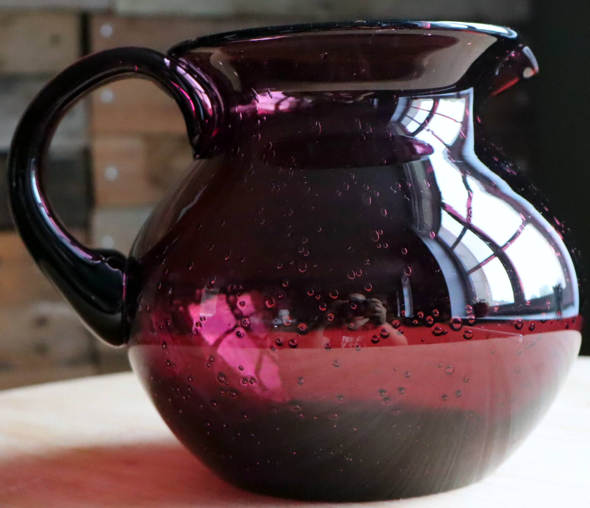 Large blown glass pitcher with bubbles in amethyst / violet.