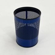 Blue perforated metal bin, 1980
