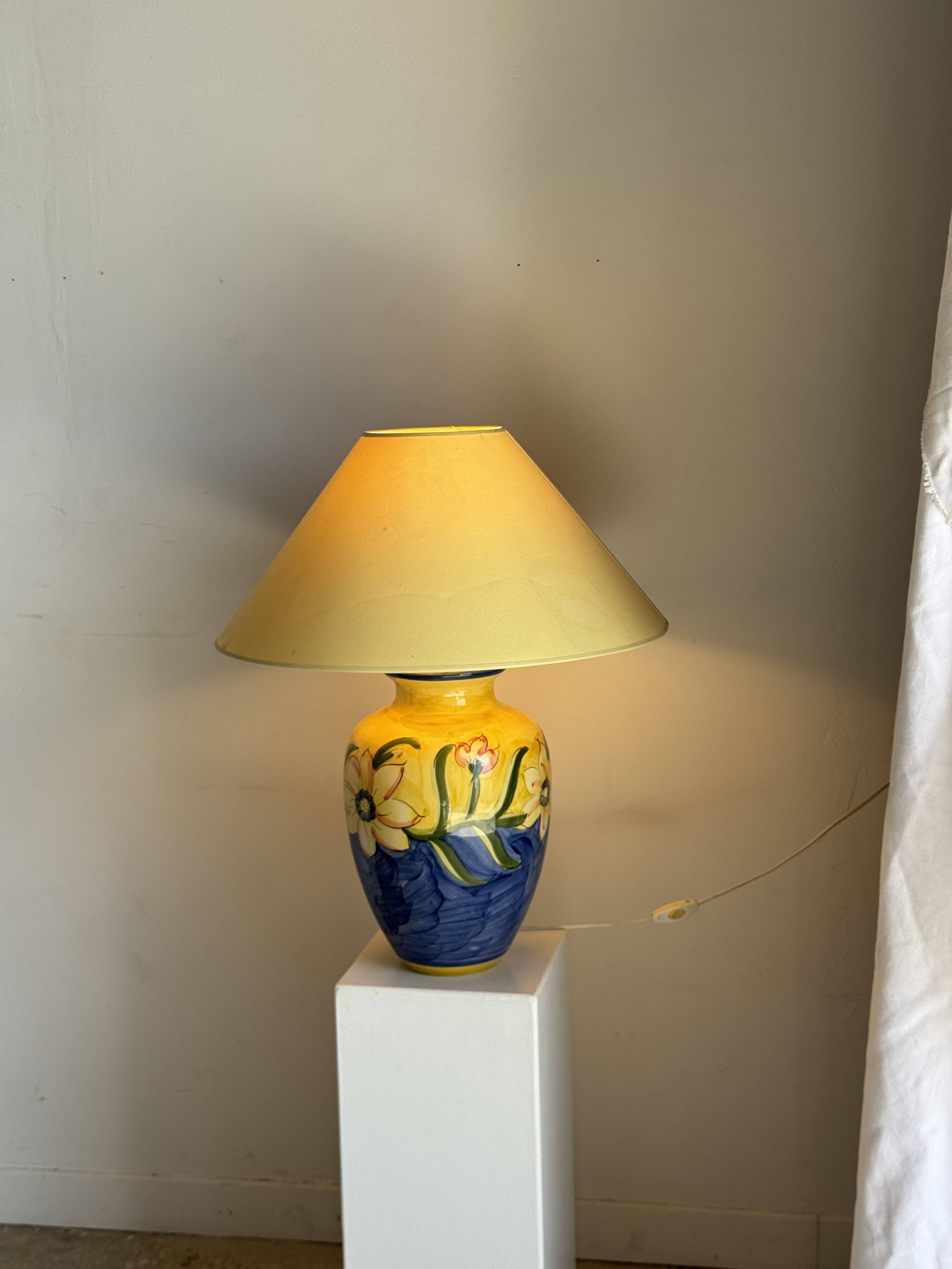 Large blue and yellow lamp with floral patterns H60