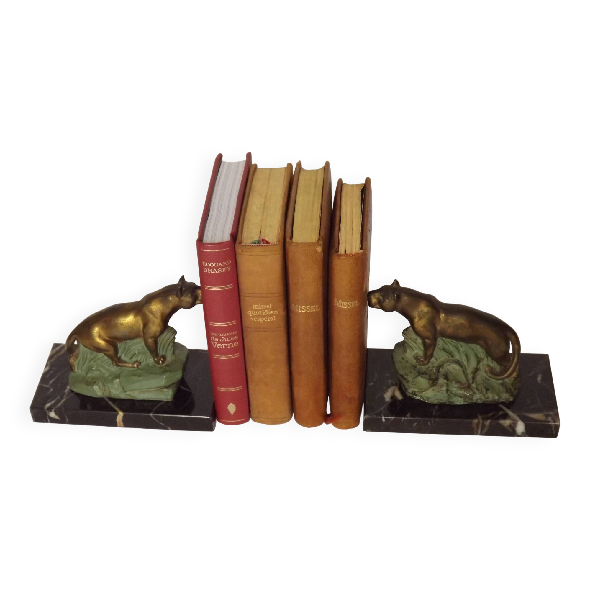 Vintage French Art Deco Panther Book Ends - Marble and Metal Bookends