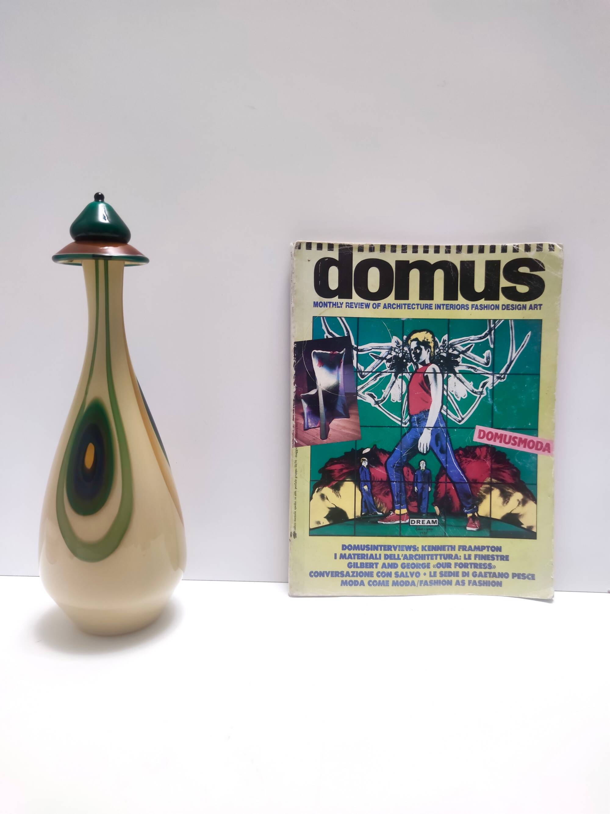 Beige Encased and Hand-blown Glass Decanter Bottle, Italy