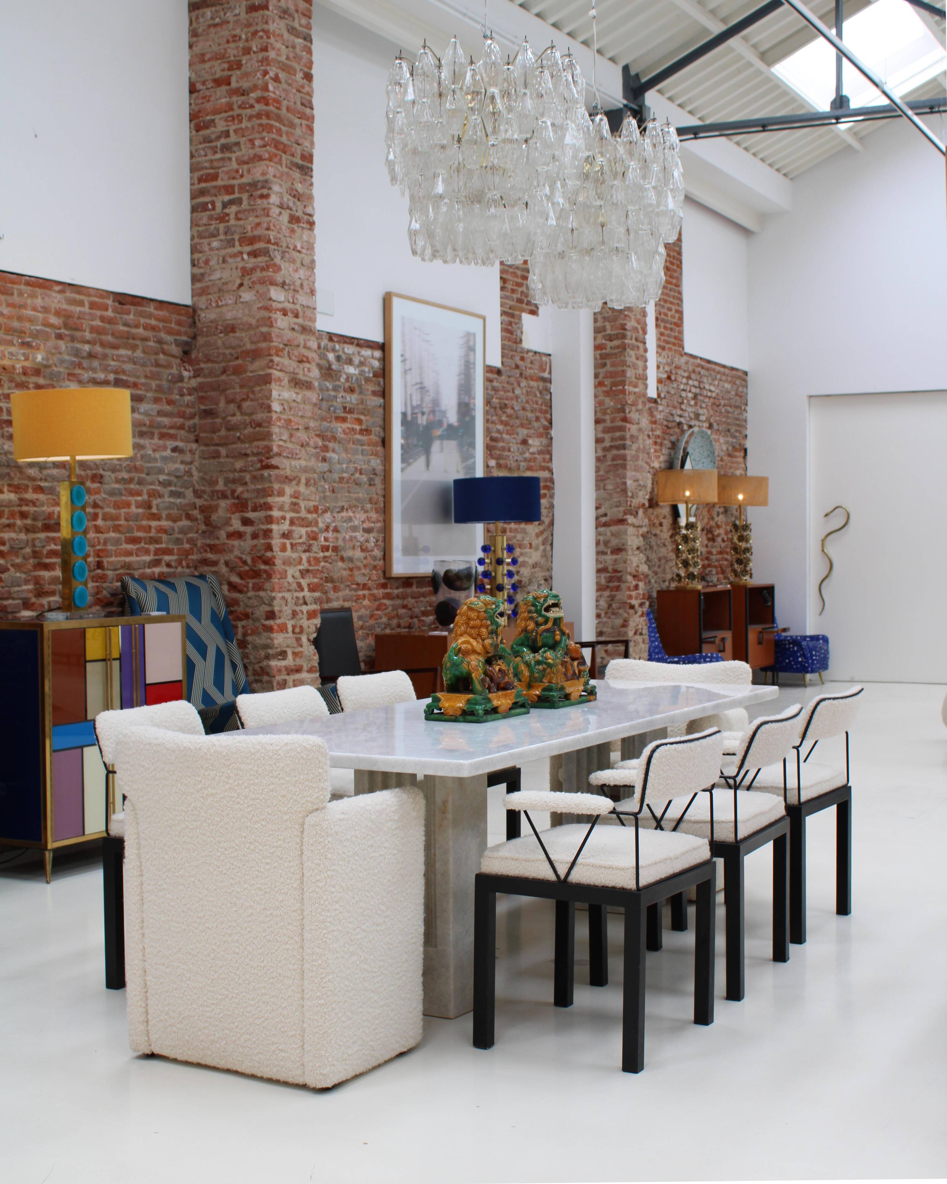 Mid Modern Ettore Sottsass Lodge Italian Black Metal and Wool Chairs, Set of Six