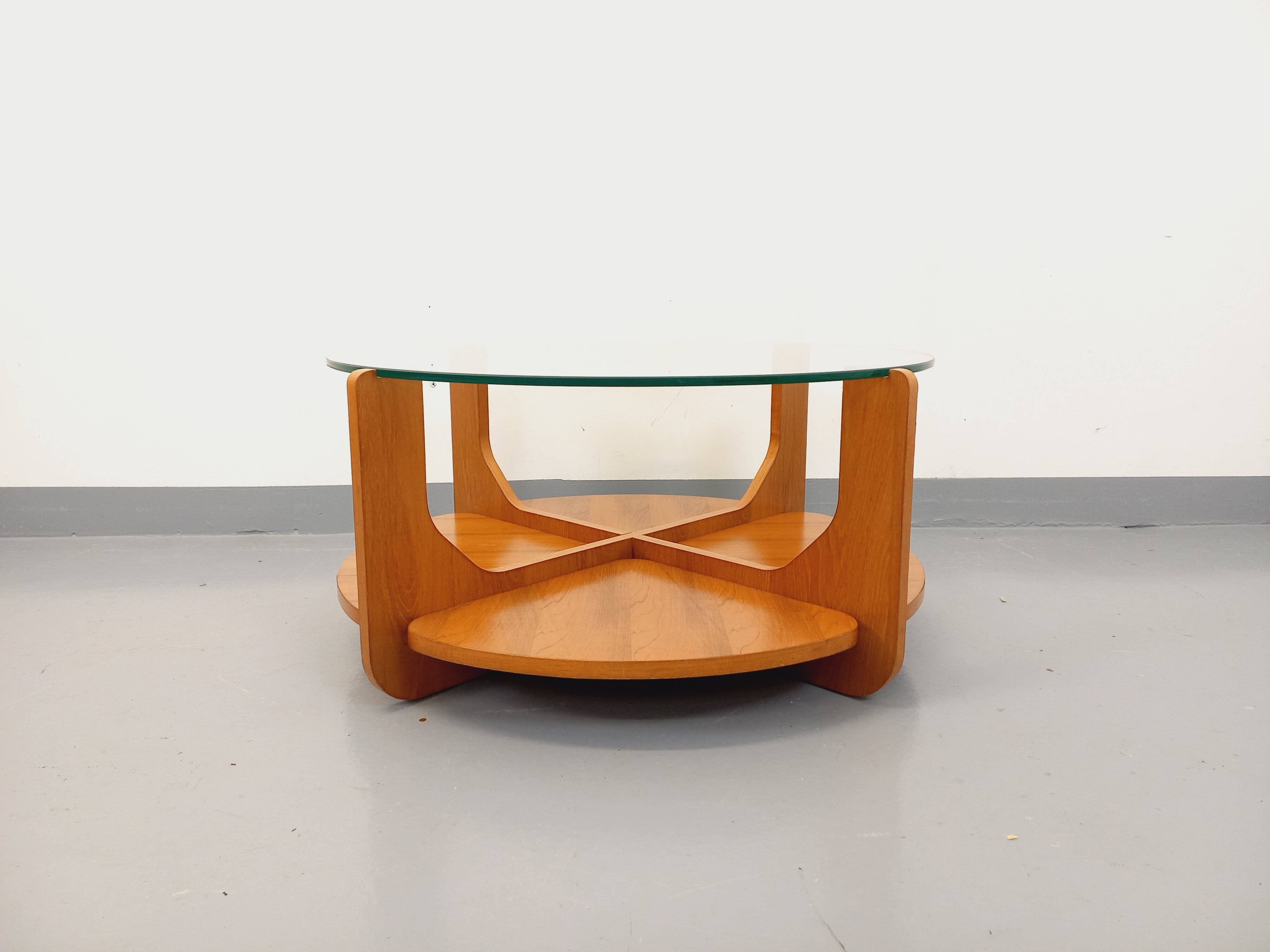 Vintage round coffee table with 2 tops by Hugues Poignant, in teak and glass