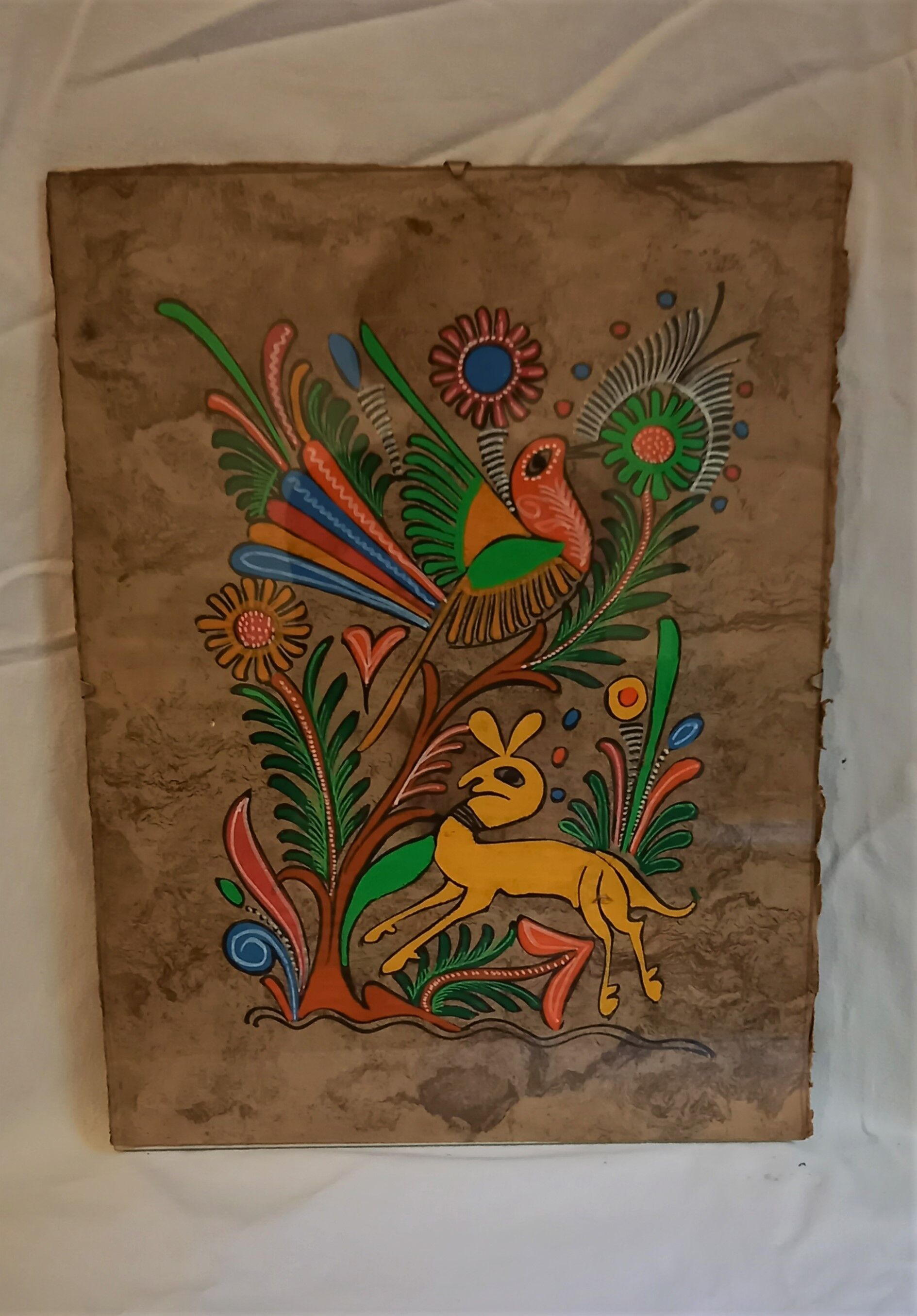 Mexican handmade painting, doe and bird, on natural vegetable fiber