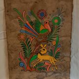 Mexican handmade painting, doe and bird, on natural vegetable fiber