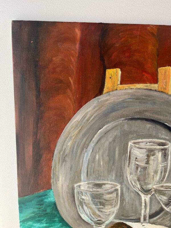 Nature morte, carafe et verres, huile sur carton signé Francine Dubois