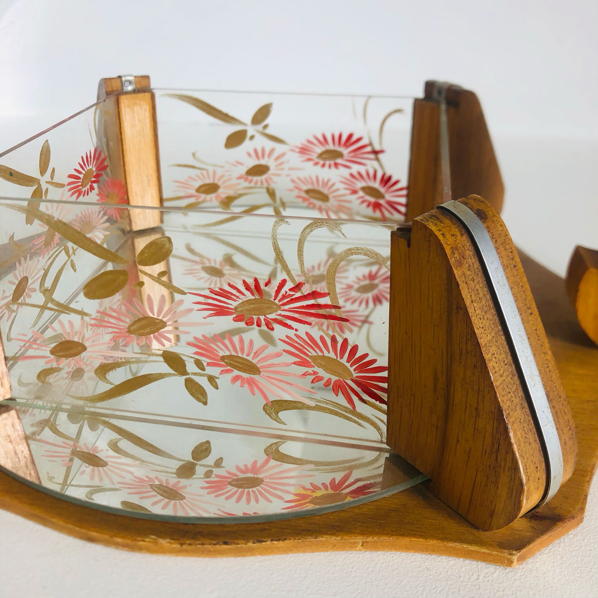 Vintage painted glass tray, wood and mirror
