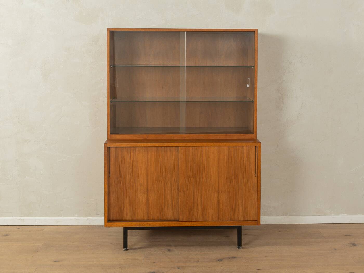 1950s display cabinet, walnut veneer, glass sliding doors