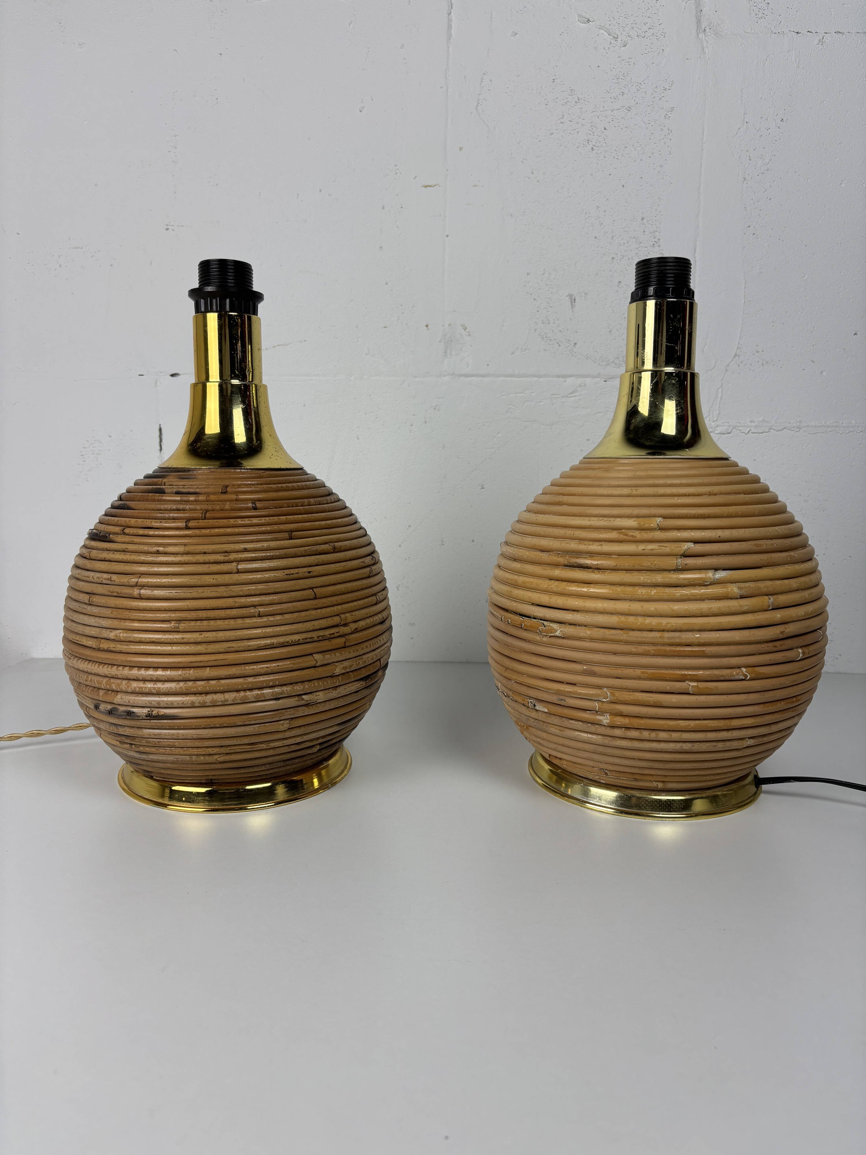 Large midcentury pencil reed rattan bamboo and brass table lamp Italy 1970s