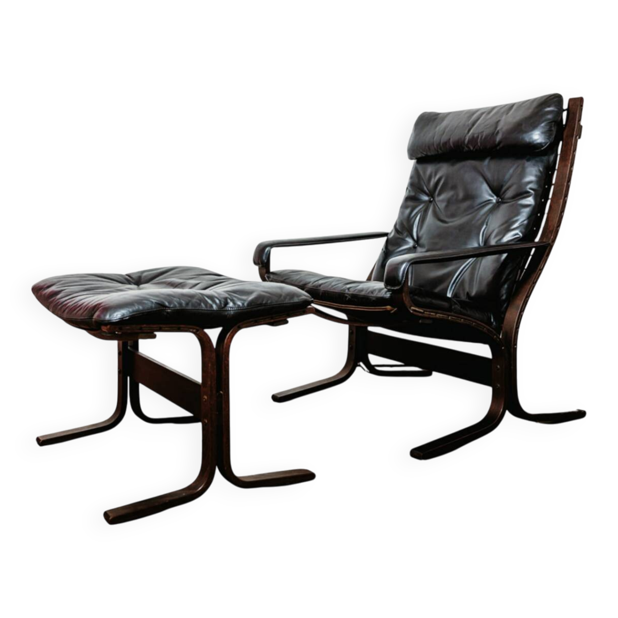 Siesta armchair and black leather ottoman by Ingmar Relling for Westnofa, Norway.