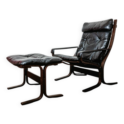 Fauteuil Siesta et ottoman cuir noir par Ingmar Relling pour Westnofa, Norv