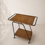 Vintage rolling dessert trolley in rattan and black metal – 1950s/60s