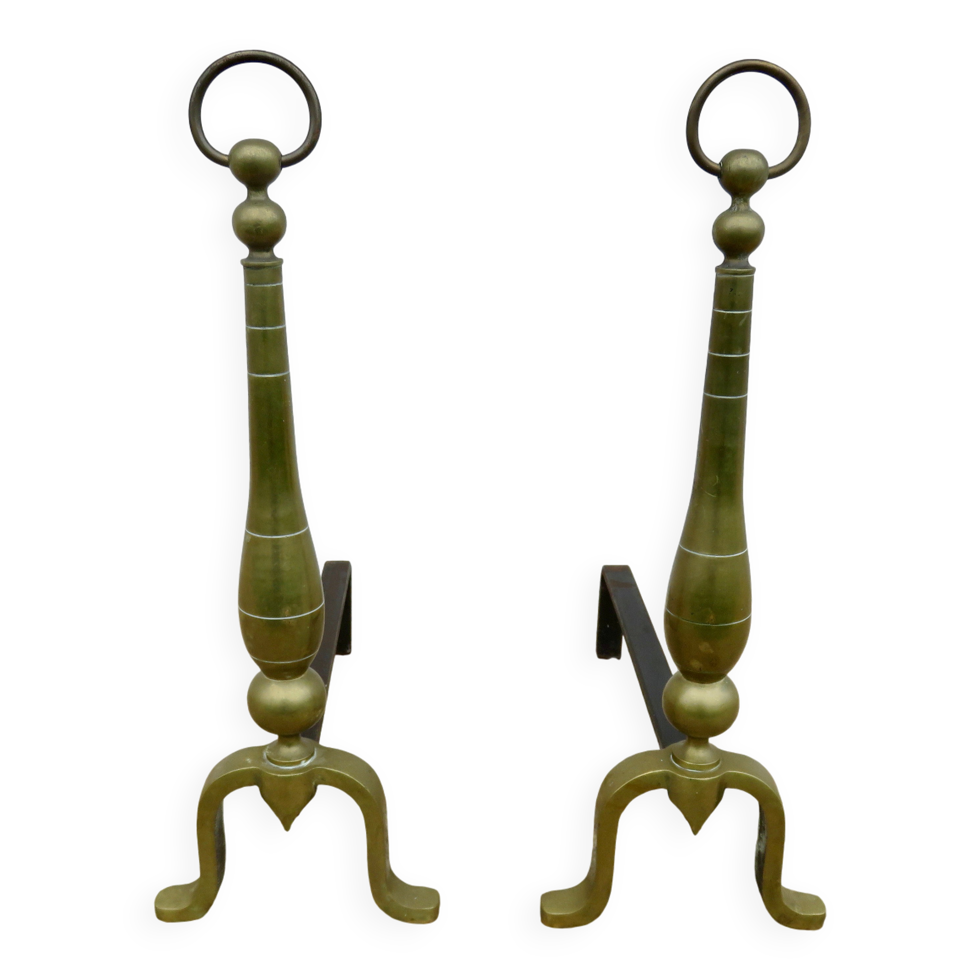 Pair of Neo-classical andirons, in solid bronze, 1920s-1930s.