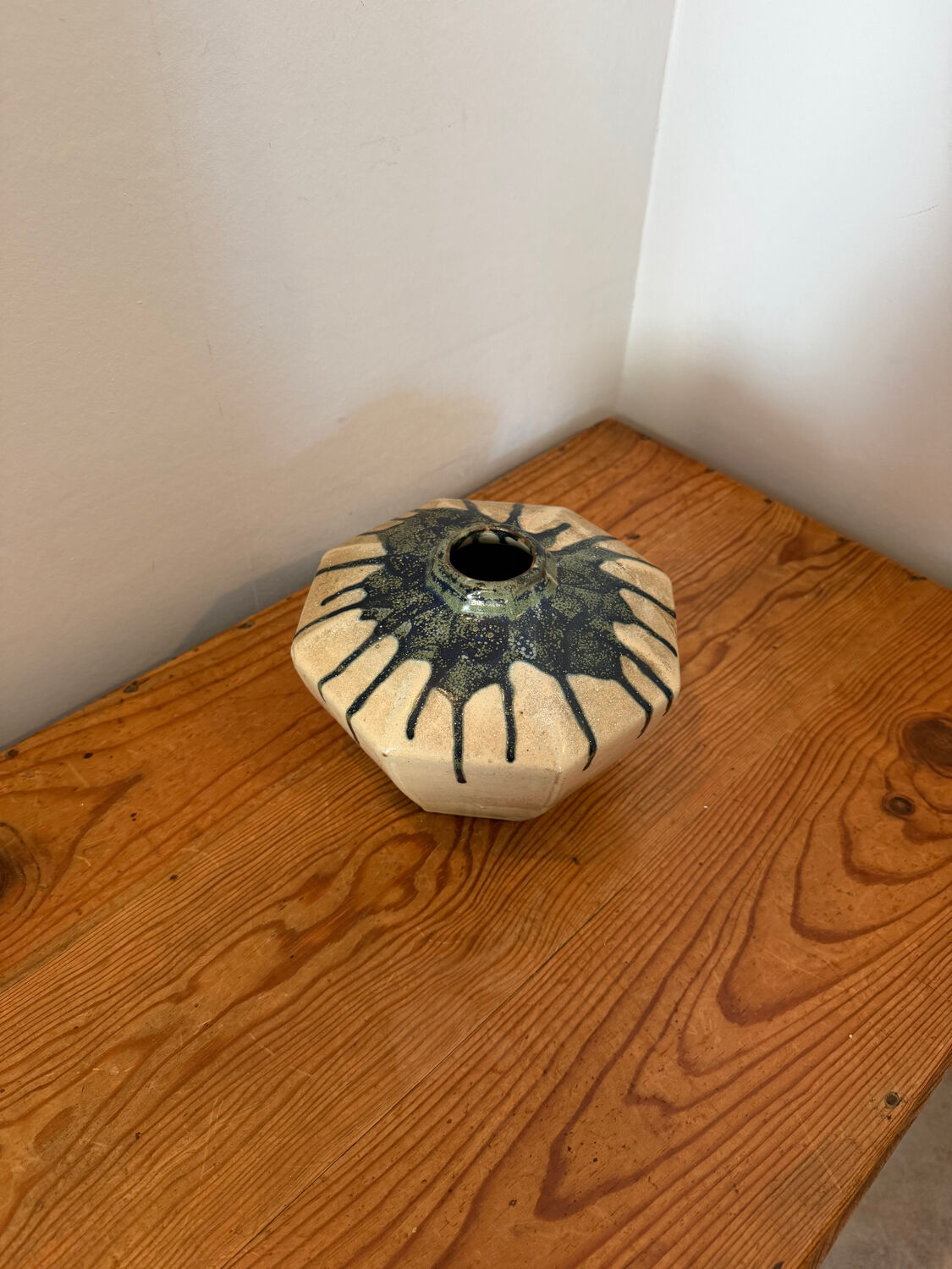 Scandinavian studio vase in flamed stoneware with drip decorations.