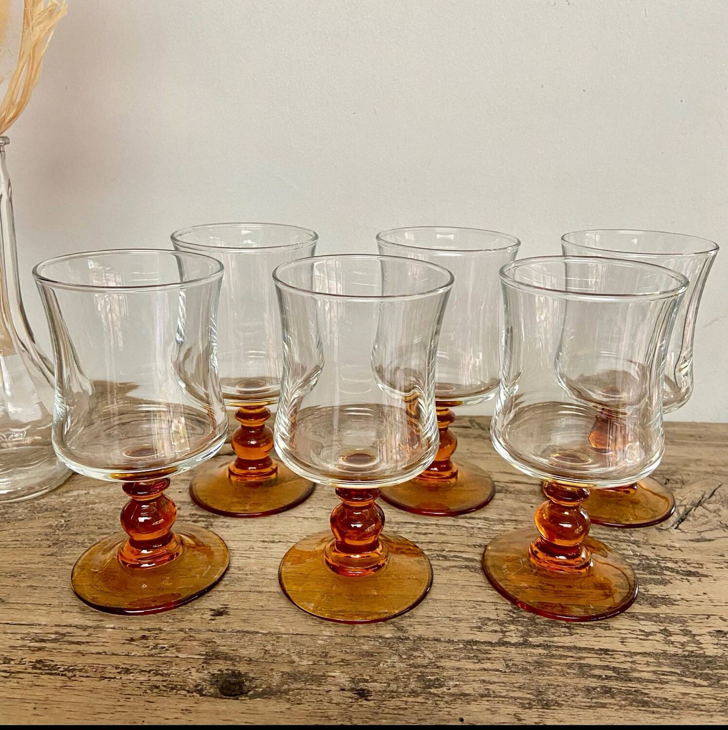 6 small vintage amber stemmed glasses