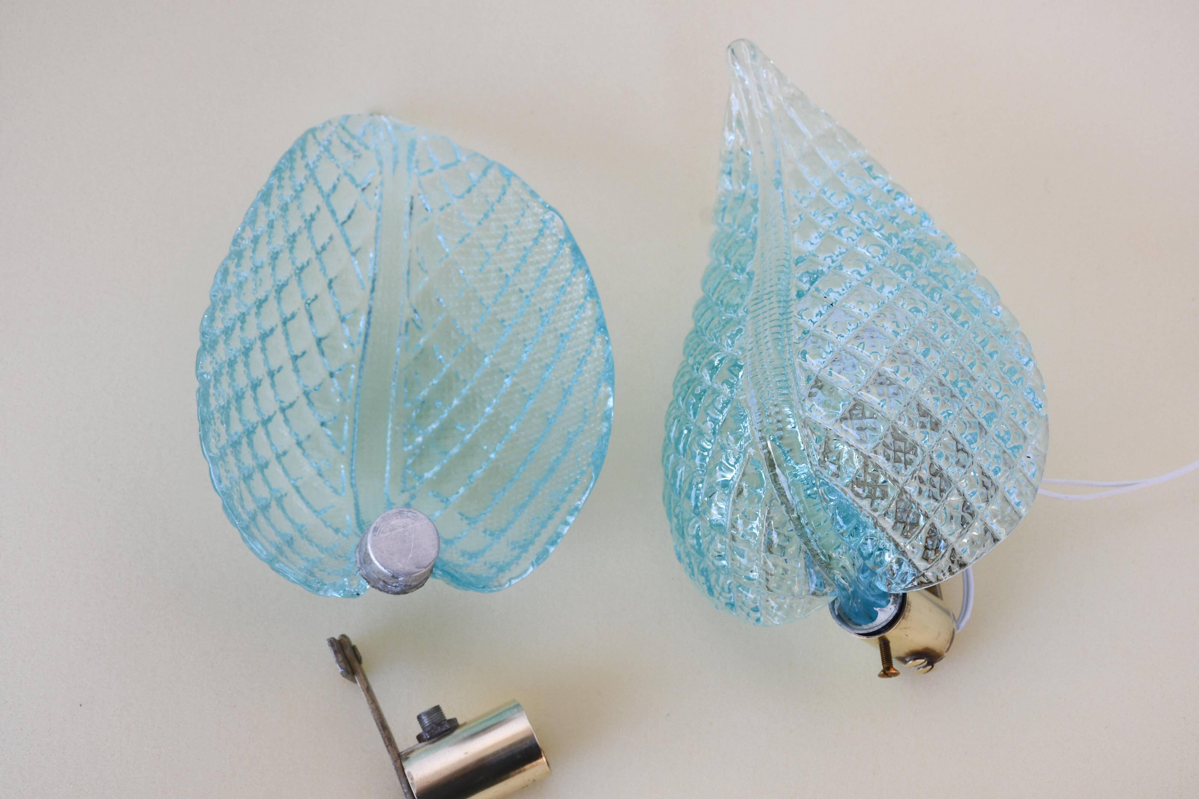 Set of 2 Rare Wall light Blue Jewel Murano Glass Leave by Barovier e Toso, 1950s
