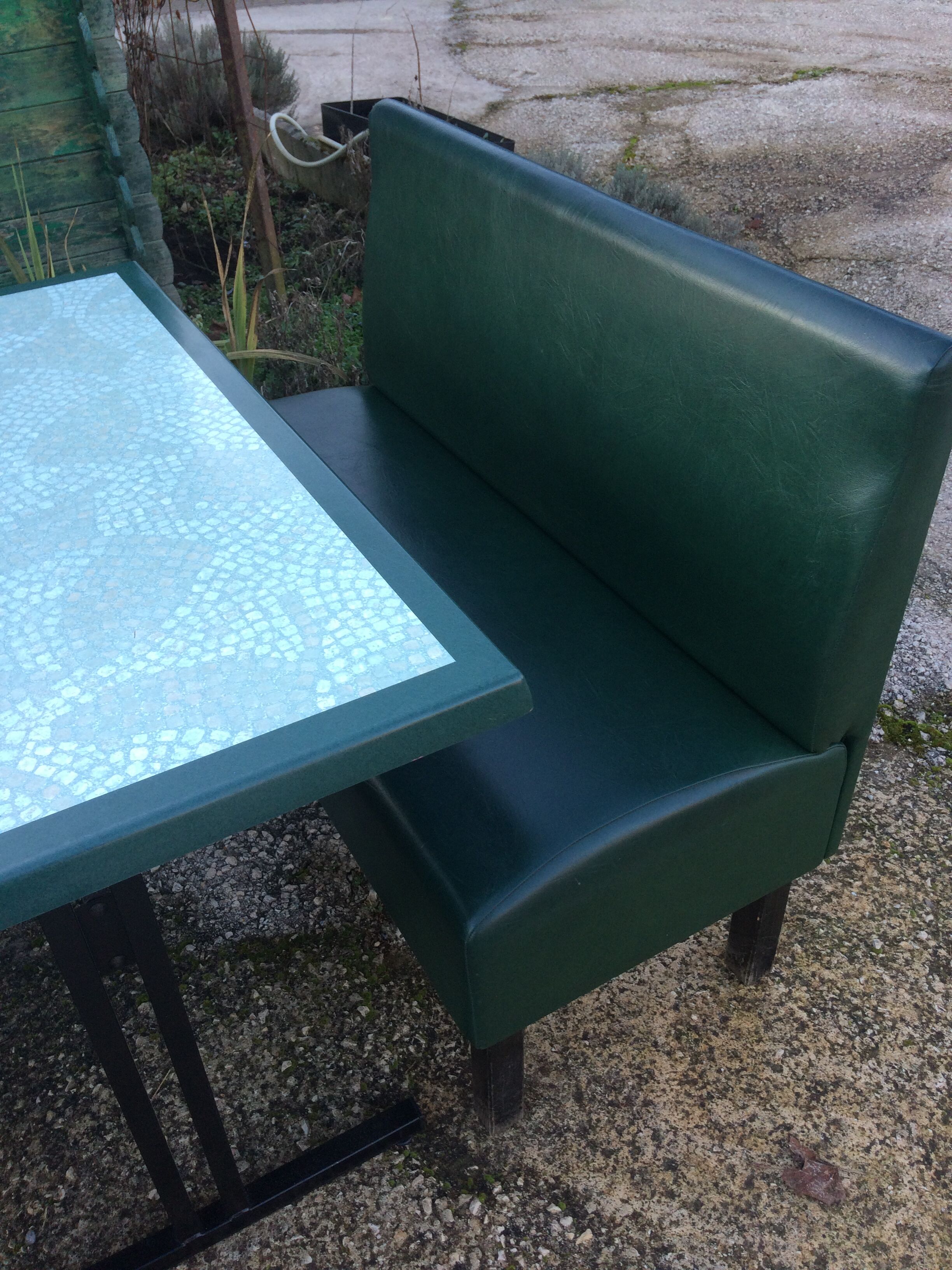 Set of two bistro banquettes plus table