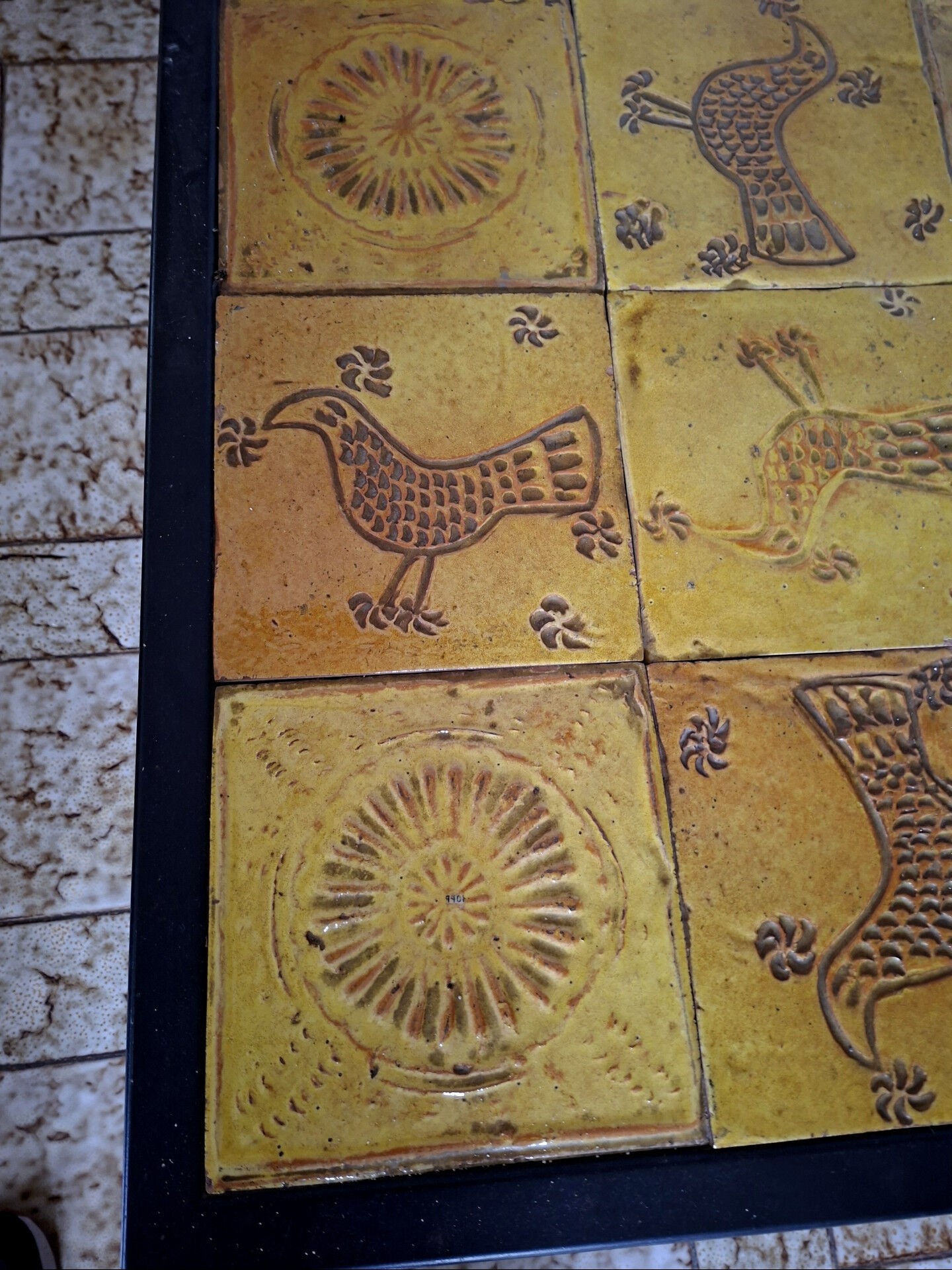 Low Table in Glazed Ceramic and Black Metal, Decorated with Stylised Birds