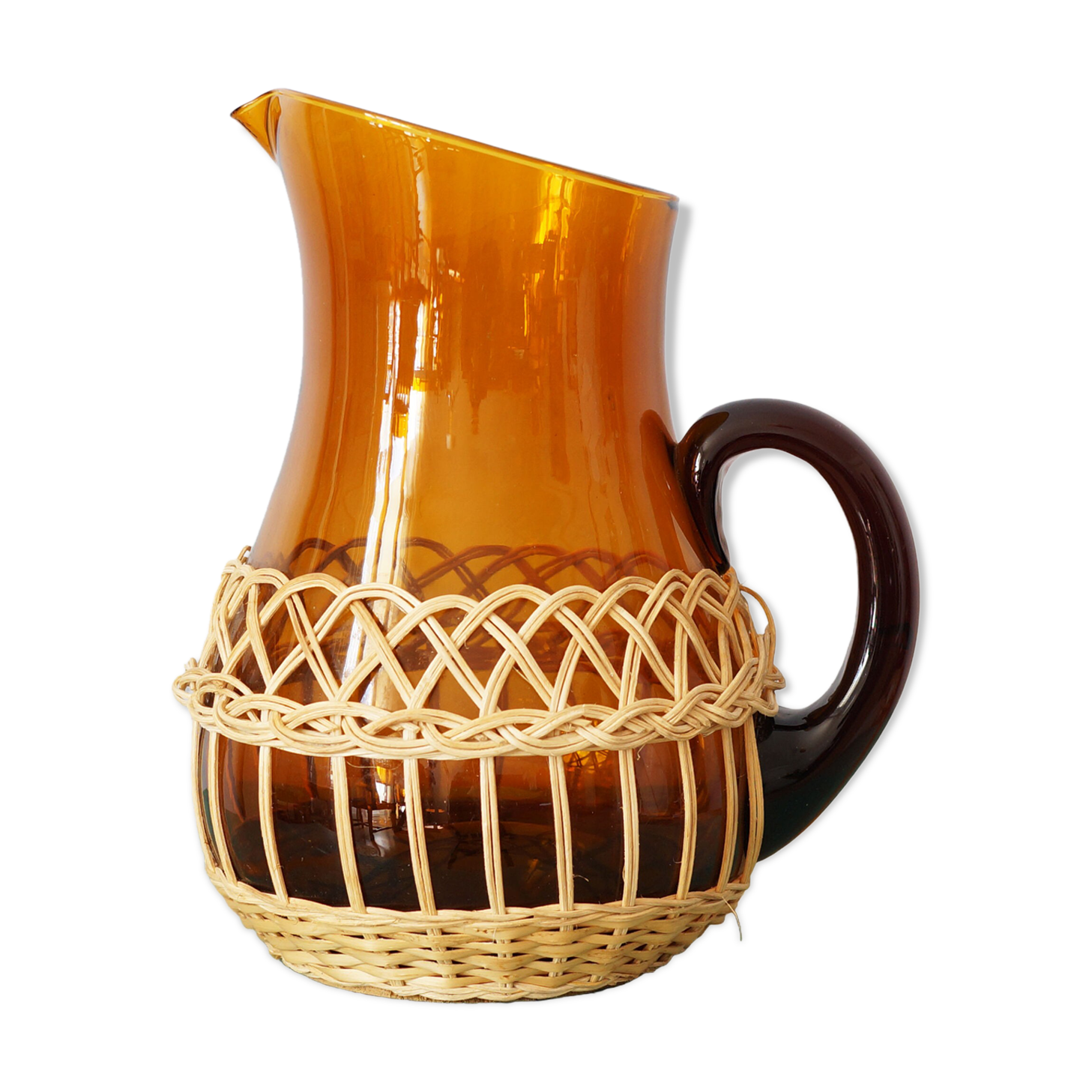 Amber glass decanter dressed in wicker, vintage