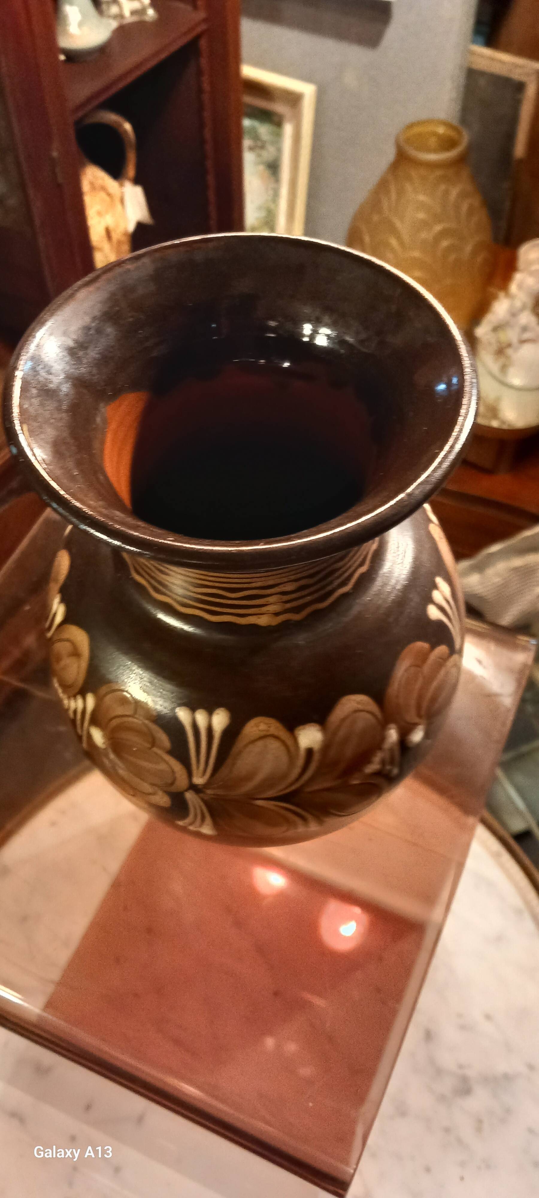 Hungarian pottery vase floral decor brown tone signed mhv