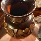 Hungarian pottery vase floral decor brown tone signed mhv