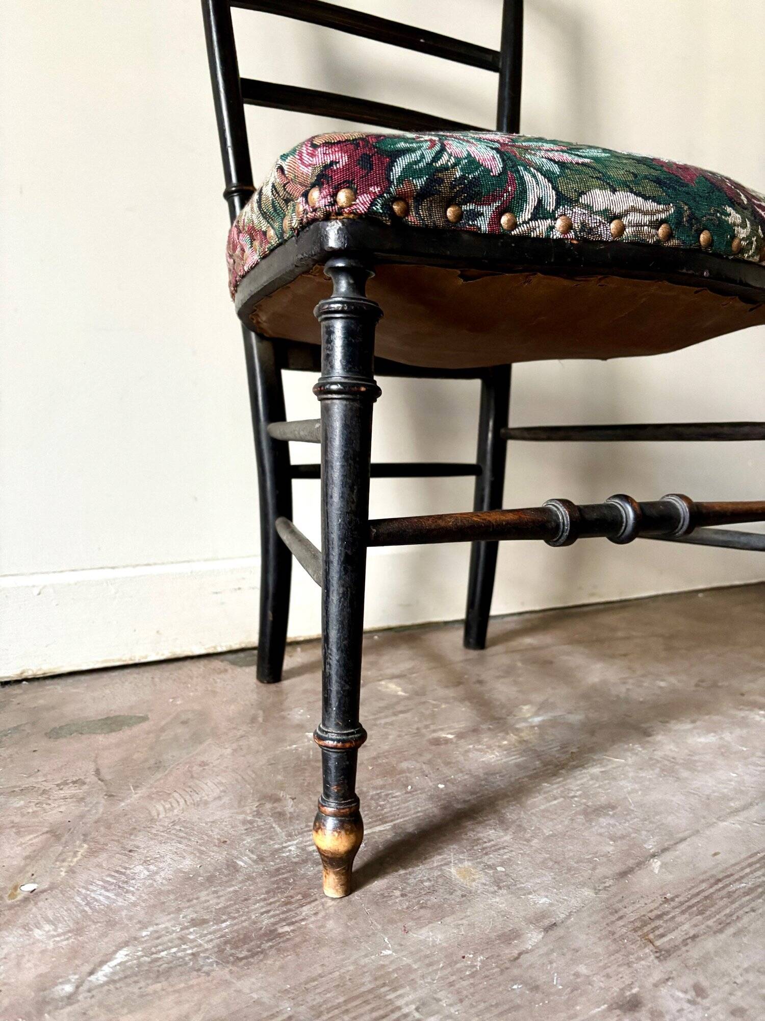 Napoleon III chair in black wood and floral jacquard