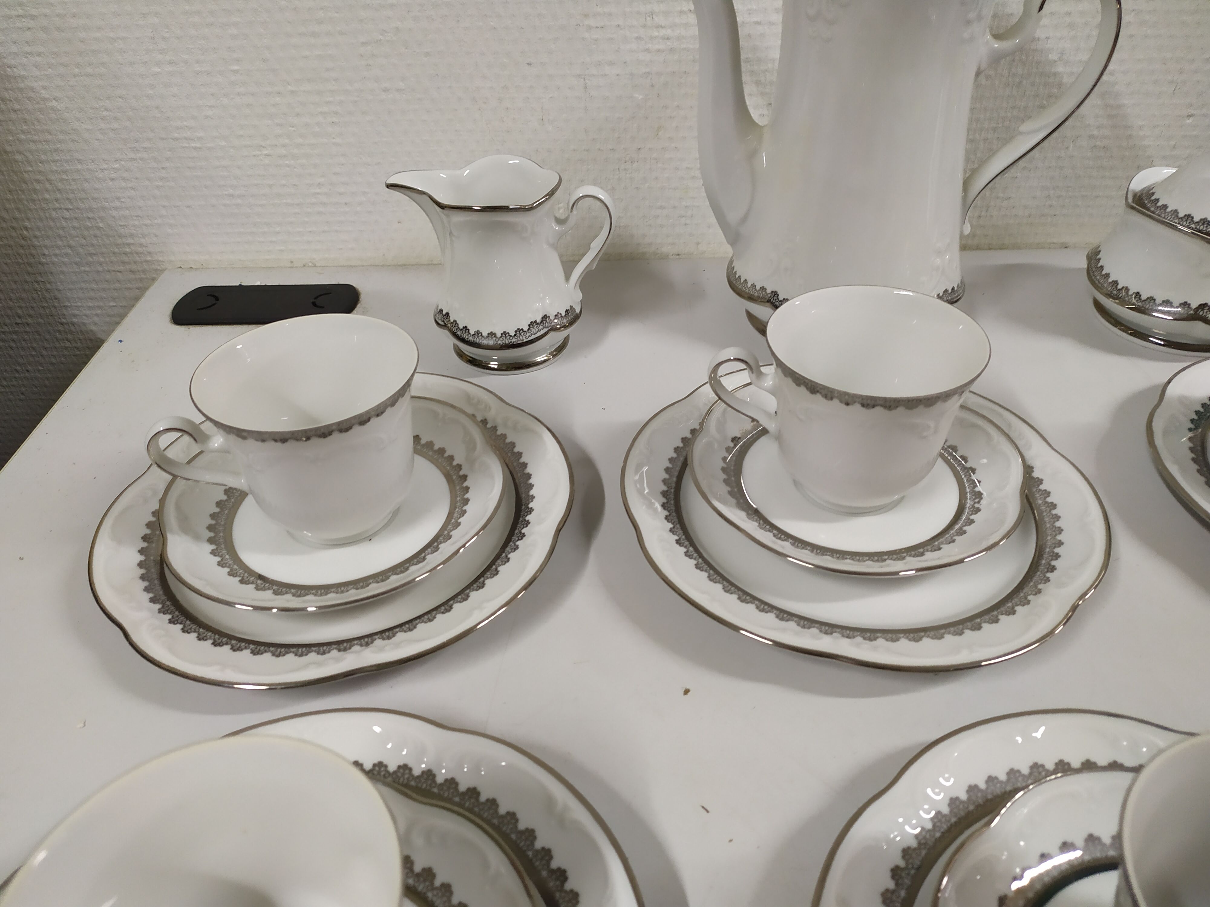 Coffee service for 6 people bavaria white and silver cup plate coffee maker milk pot sugar