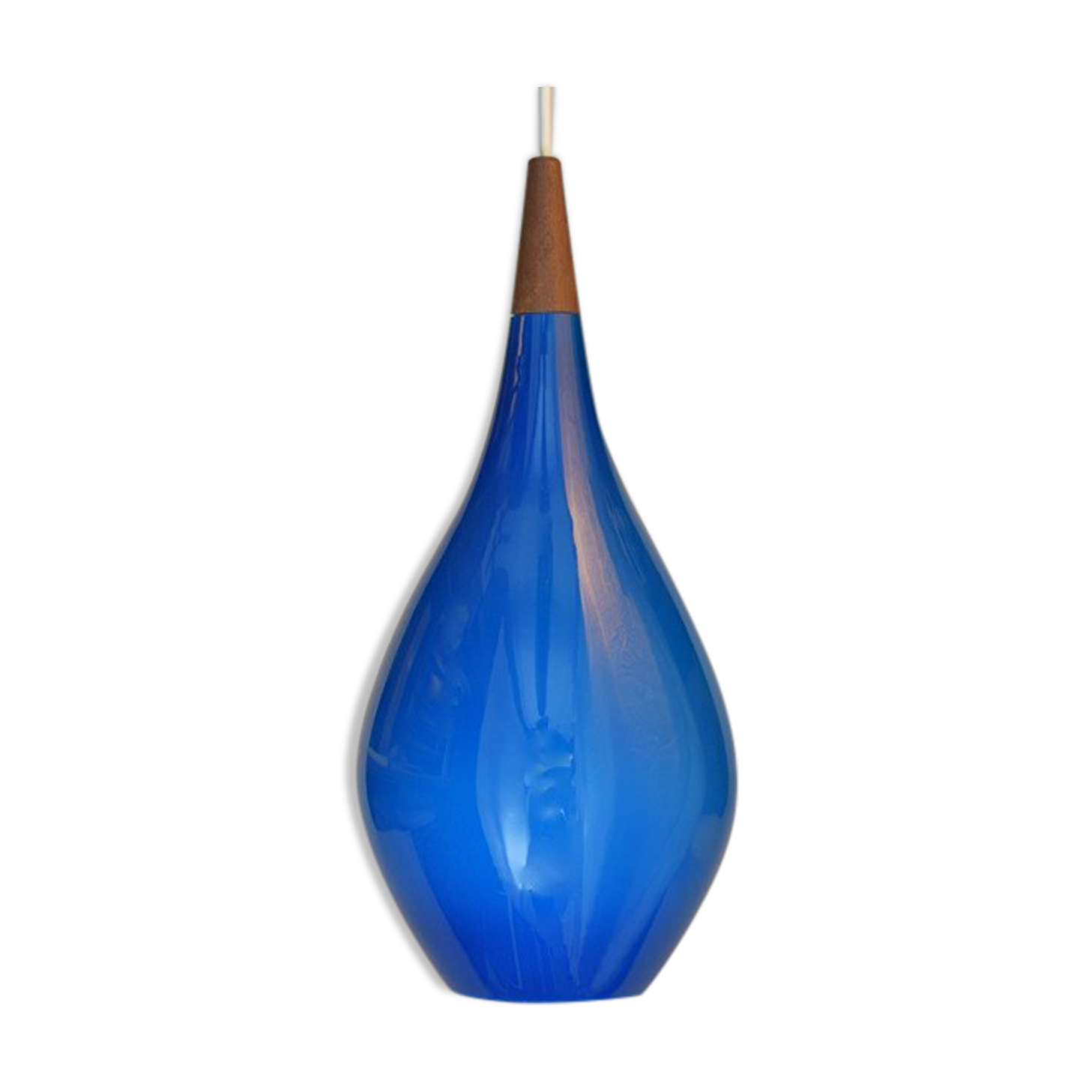 Holmegaard pendant lamp large model in blue blown glass and teak, Denmark, Poulsen