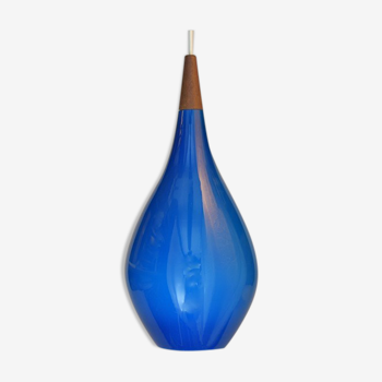 Holmegaard pendant lamp large model in blue blown glass and teak, Denmark, Poulsen