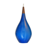 Holmegaard pendant lamp large model in blue blown glass and teak, Denmark, Poulsen