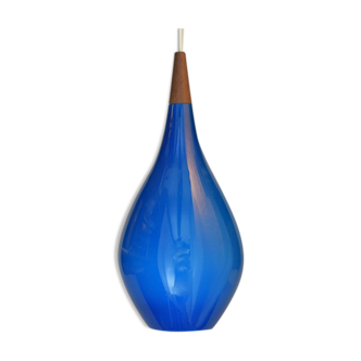 Holmegaard pendant lamp large model in blue blown glass and teak, Denmark, Poulsen