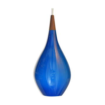 Holmegaard pendant lamp large model in blue blown glass and teak, Denmark, Poulsen