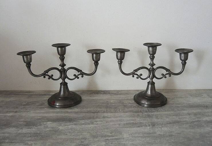 2 old hallmarked pewter 3-branch candlesticks