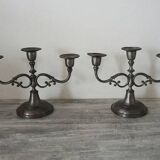 2 old hallmarked pewter 3-branch candlesticks