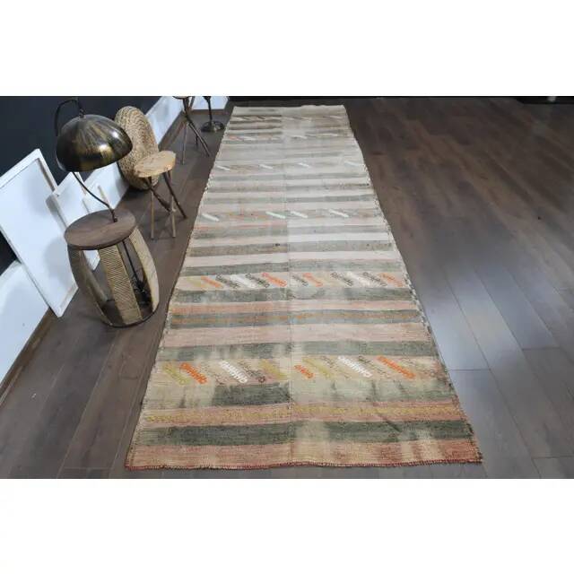 Striped Turkish Vintage Oushak Runner Handmade Wool Runner Rug 131x444