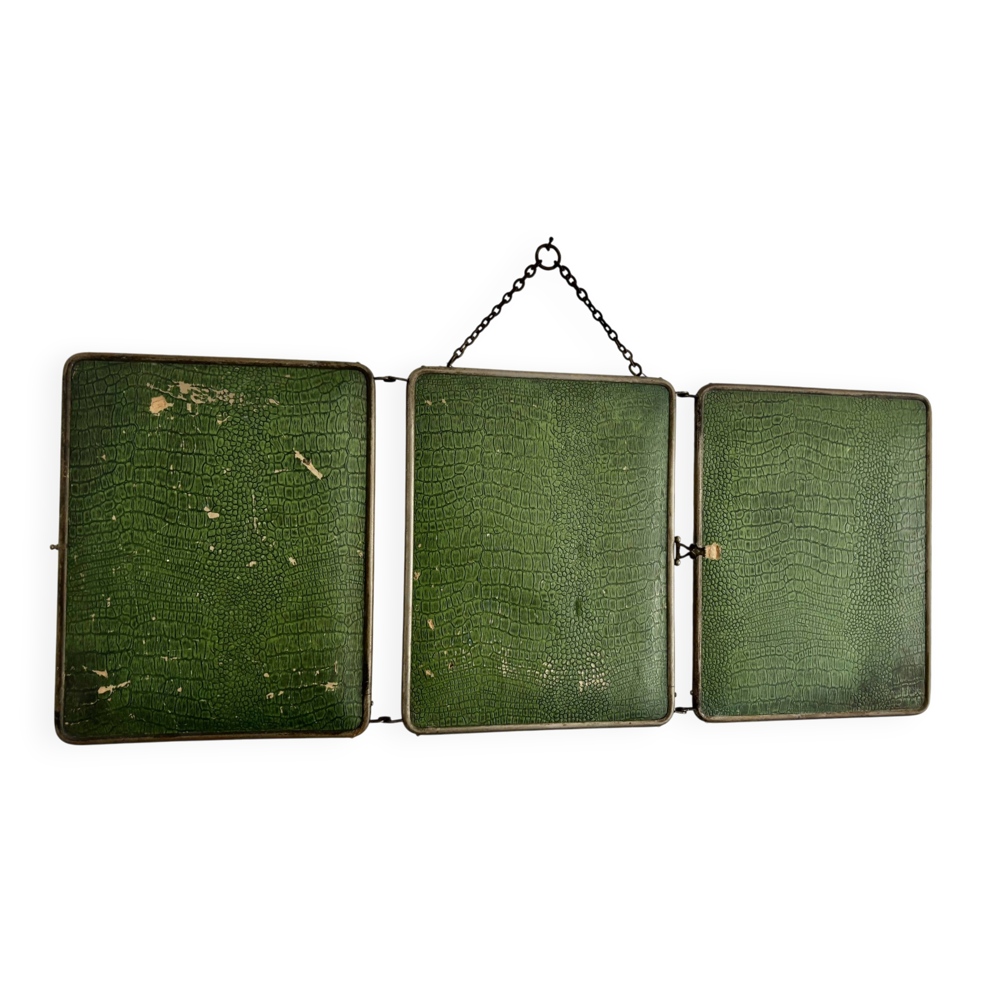 Vintage 1930s triptych mirror barber nickel-plated green crocodile effect.