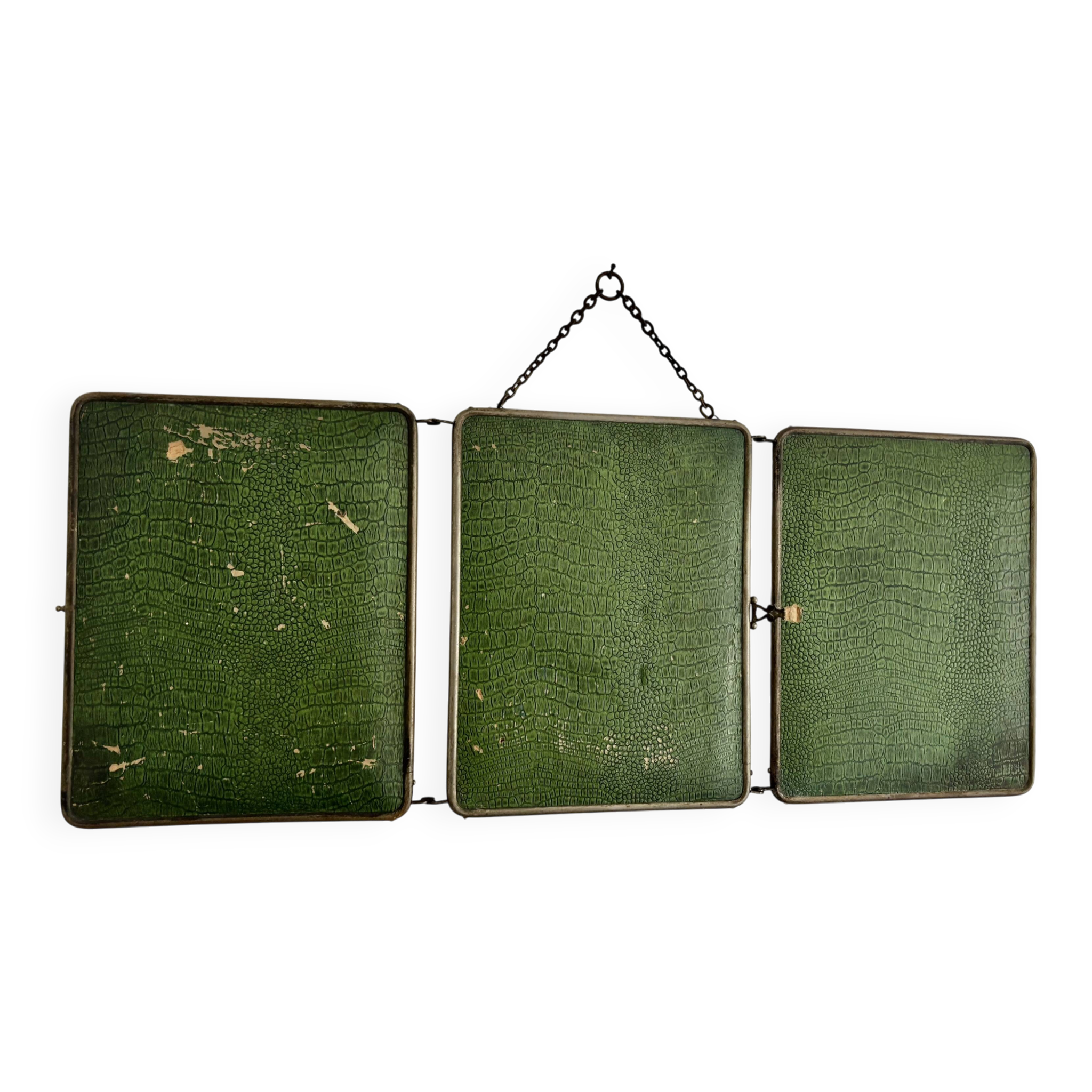 Miroir vintage 1930 triptyque barbier nickelé simili crocodile vert avocat