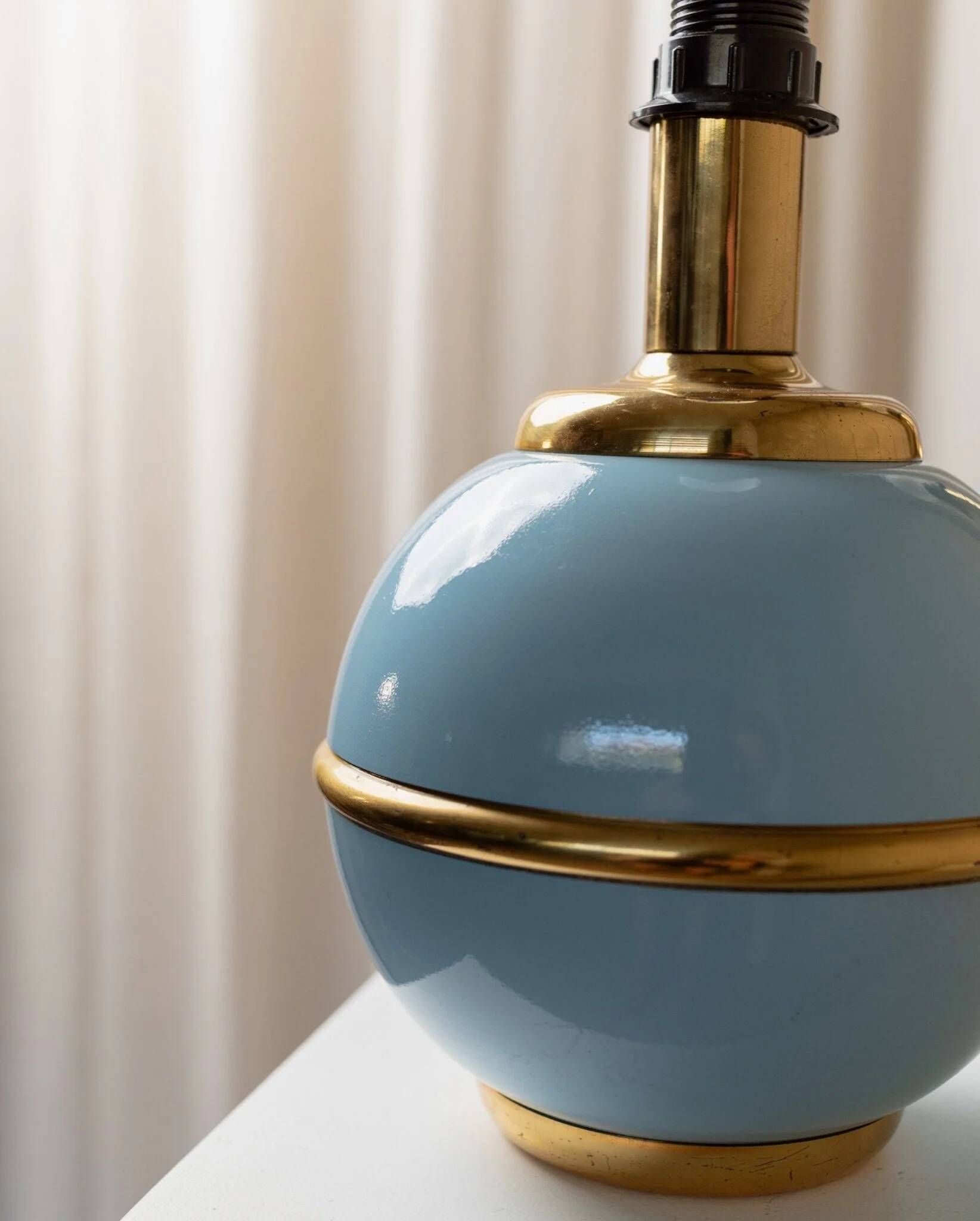 Set of 2 Light-Blue Ceramic Table Lamps with Gold Trim Italy 1980s Hollywood Regency Style