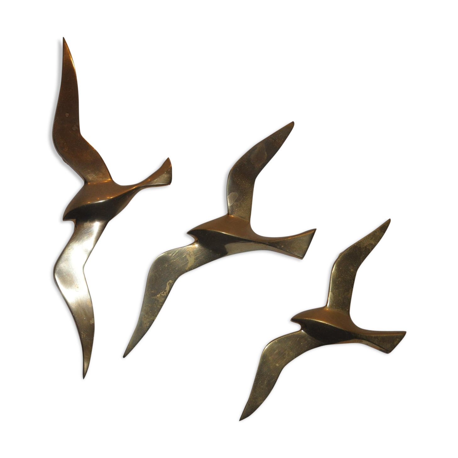 Trio of stylized seagulls in gold brass to hang 70s
