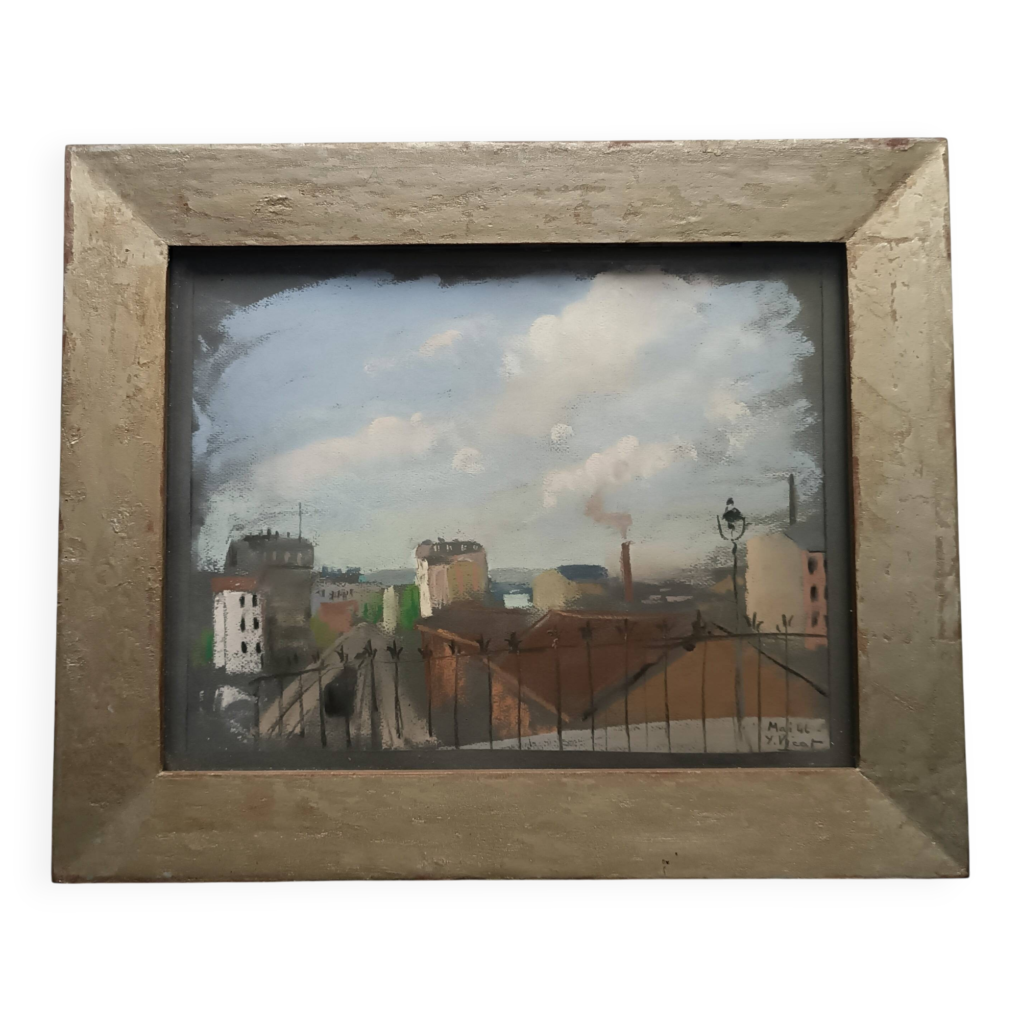 Yvonne Vicat (1902-1994) Pastel Tableau Paysage urbain mai 1946
