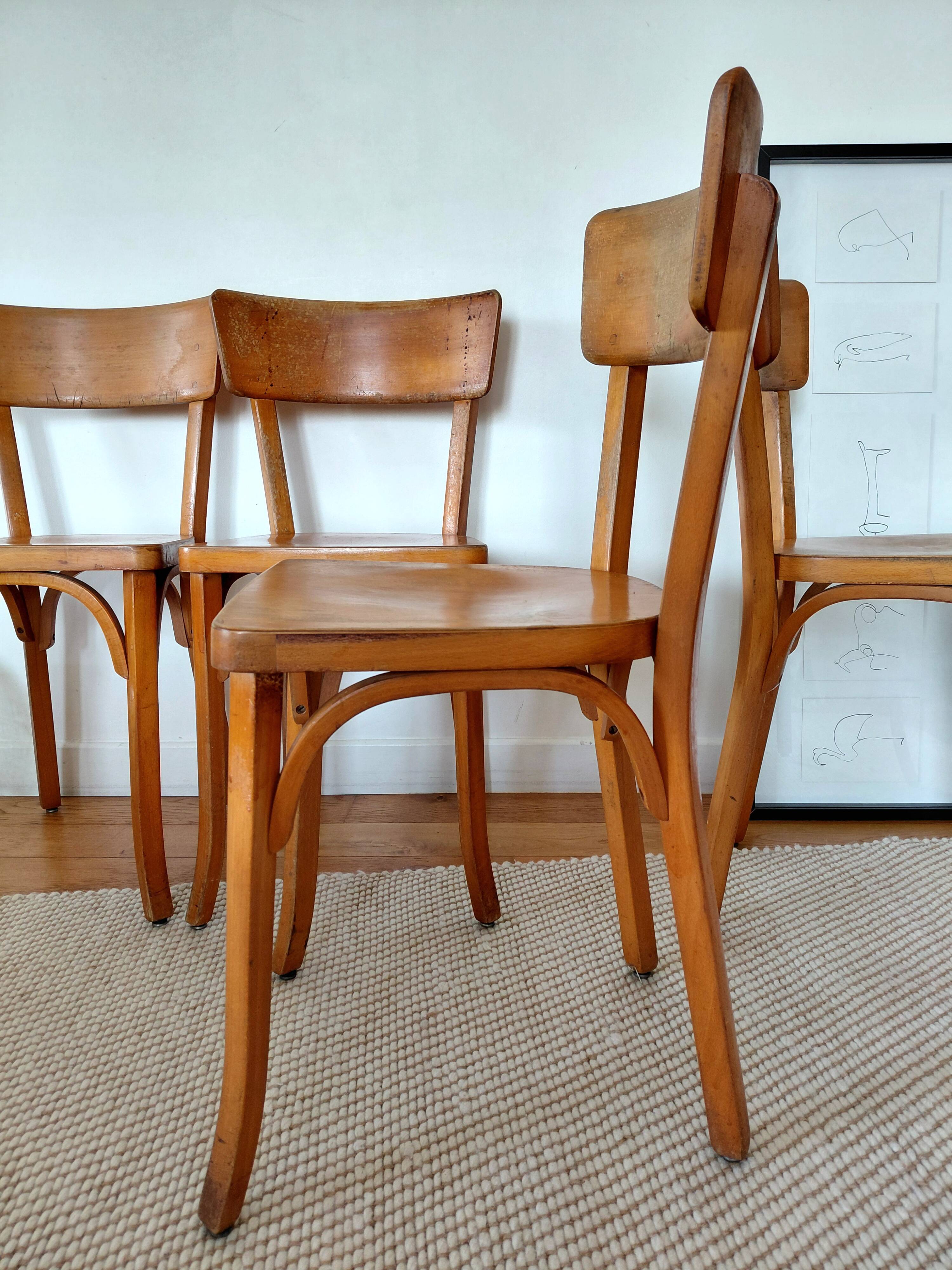 Rare set of 4 Baumann bistro chairs - branded with a hot iron (1930s/40s)