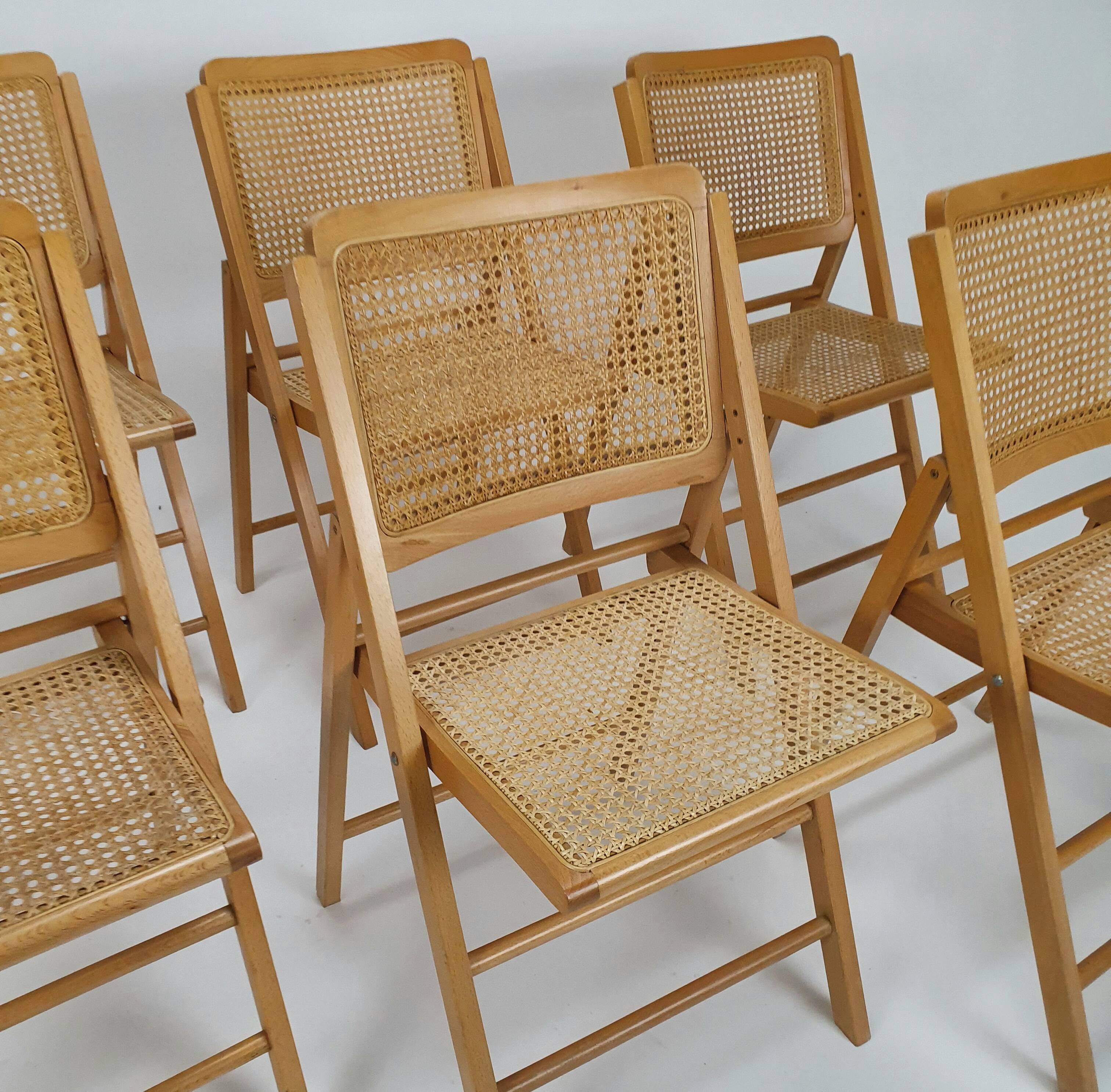 Set of 6 vintage birch and cane folding chairs, 1970s