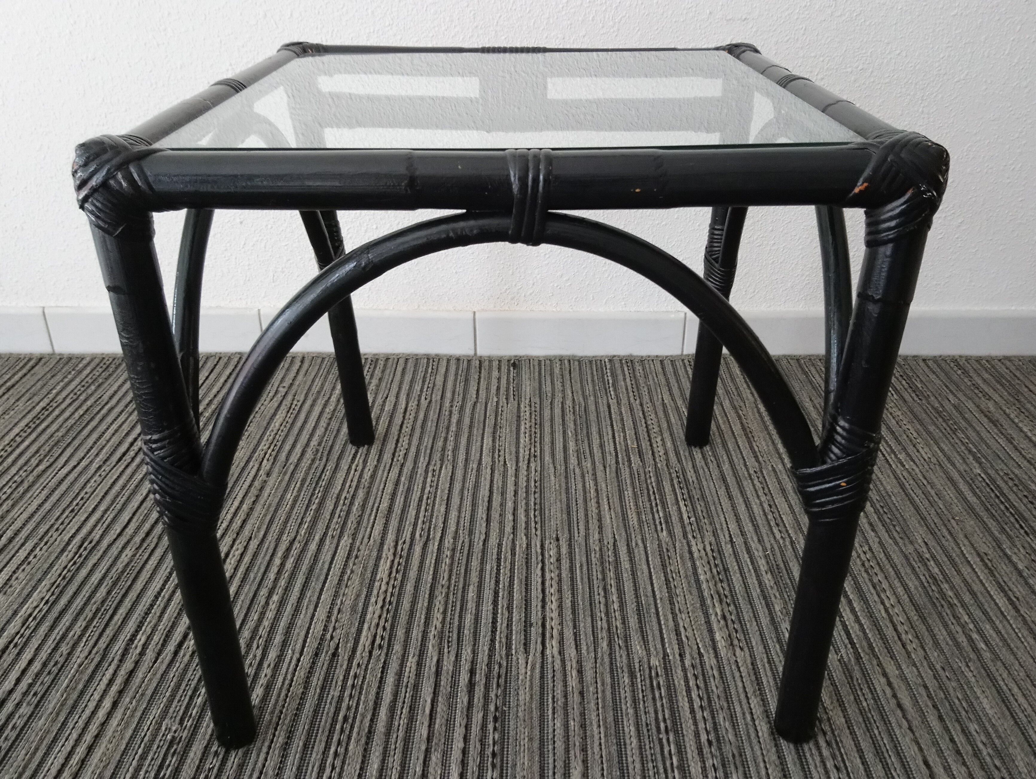 Side table in rattan bamboo and glass 70s