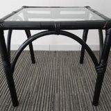 Side table in rattan bamboo and glass 70s