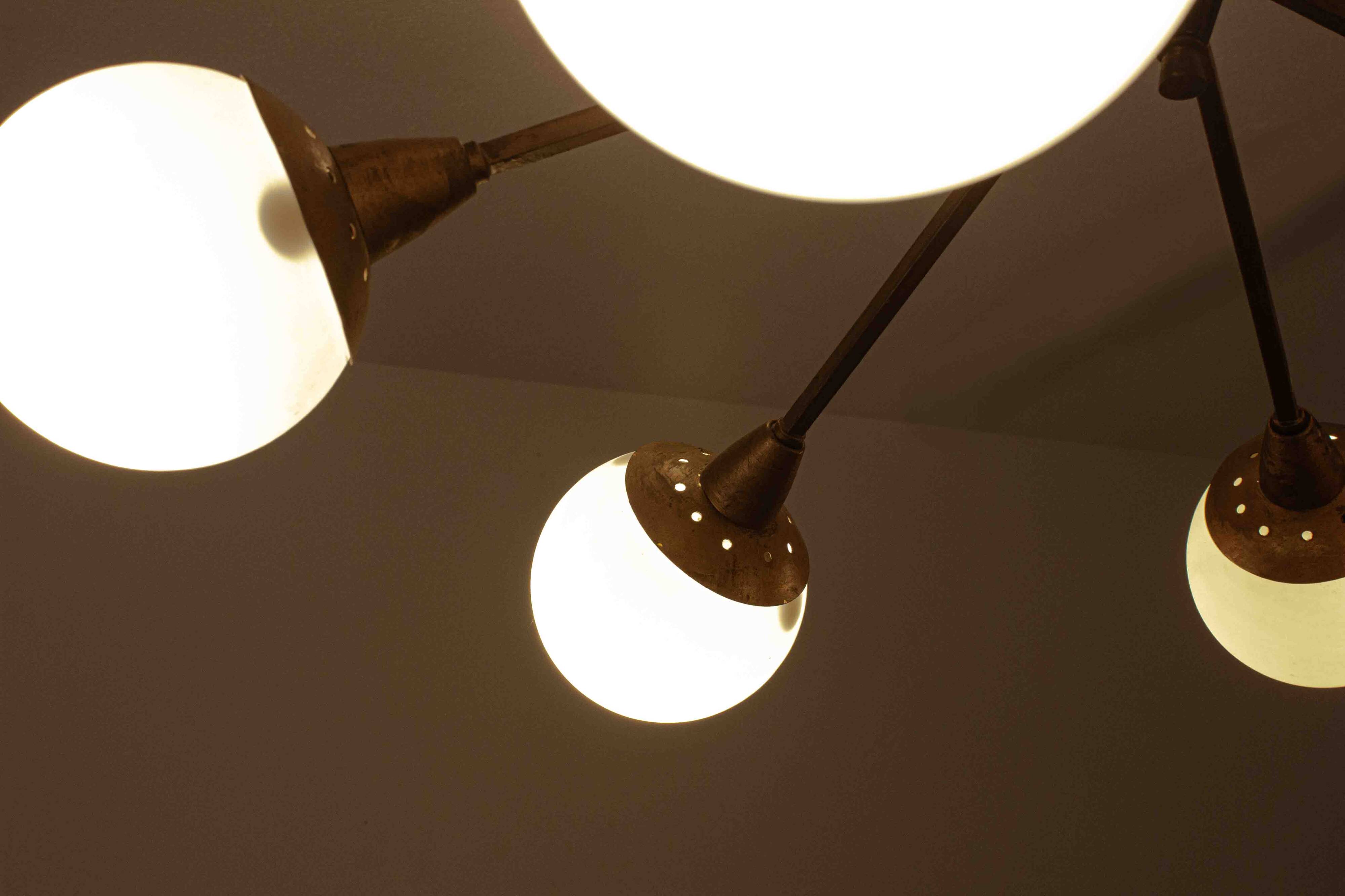 Impressive brass chandelier with opaline globes, Italy 1960s