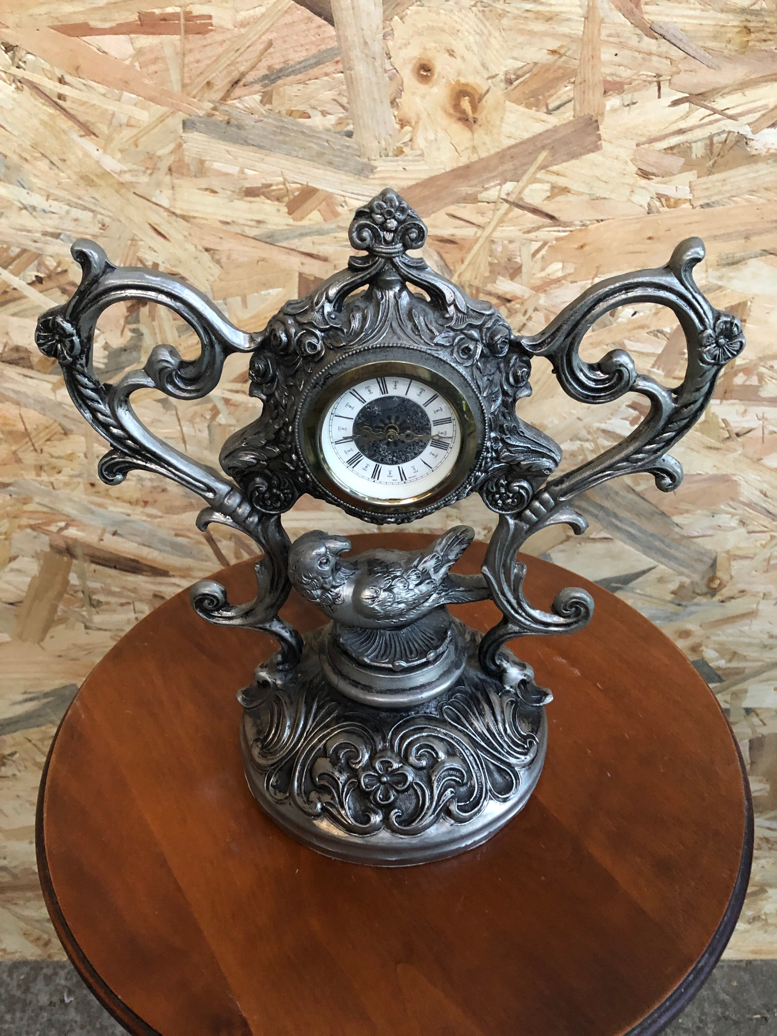 Old clock table clock baroque style metal gray made in italy vintage